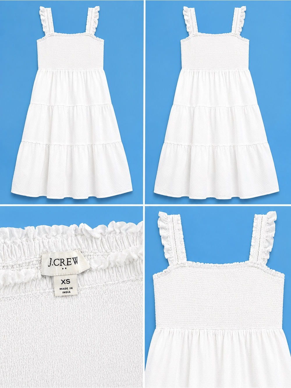 J. Crew White Smocked Tiered Dress with Ruffle Straps